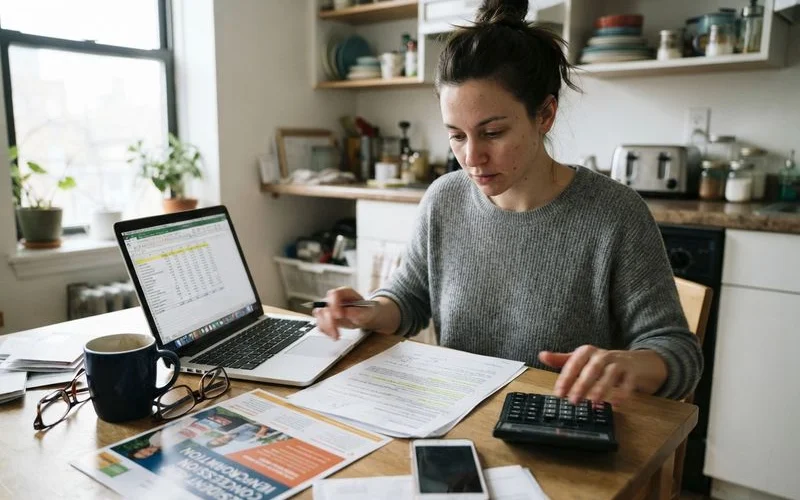 A renter using a calculator and a lease document to work out the effective monthly rent after a move-in concession