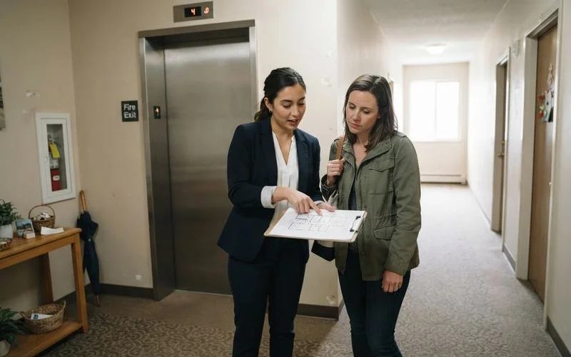 A prospective renter standing in a hallway near an apartment door, checking the unit's location relative to shared walls and common areas