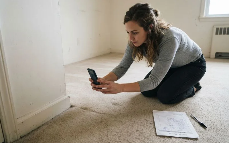 A renter photographing the walls and flooring of an empty apartment unit before moving out to document its condition