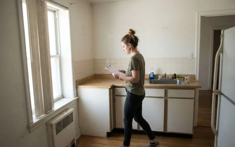 A young renter walking through an empty apartment unit with a checklist and phone in hand during a first tour