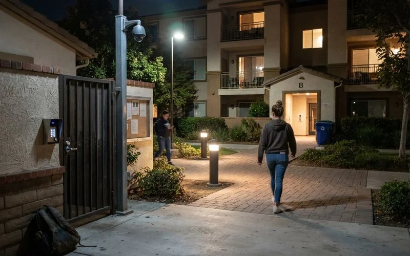 A well-lit apartment parking area at night with visible security cameras mounted near the entrance gate