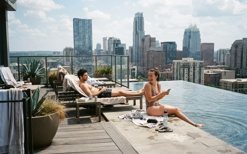 A rooftop pool deck at a downtown Austin luxury high-rise apartment building with the city skyline in the background