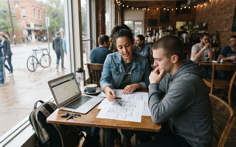 A renter meeting with an apartment locator who is showing available listings on a laptop screen