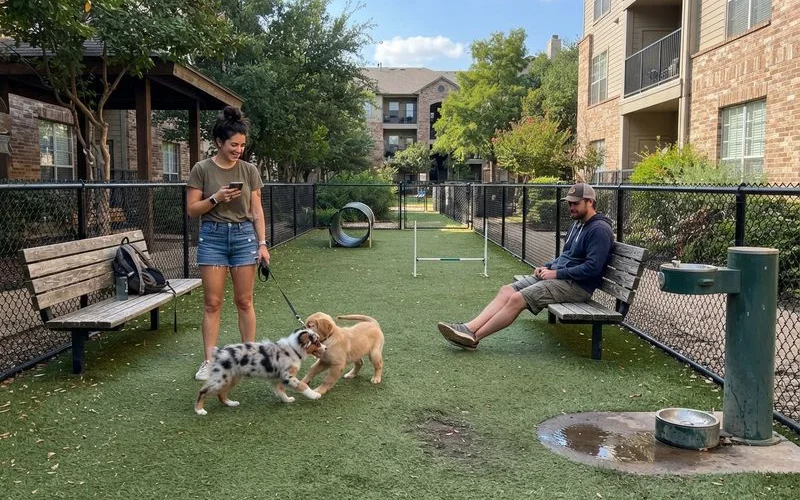 A dog and its owner walking through a pet-friendly apartment community's dog park area