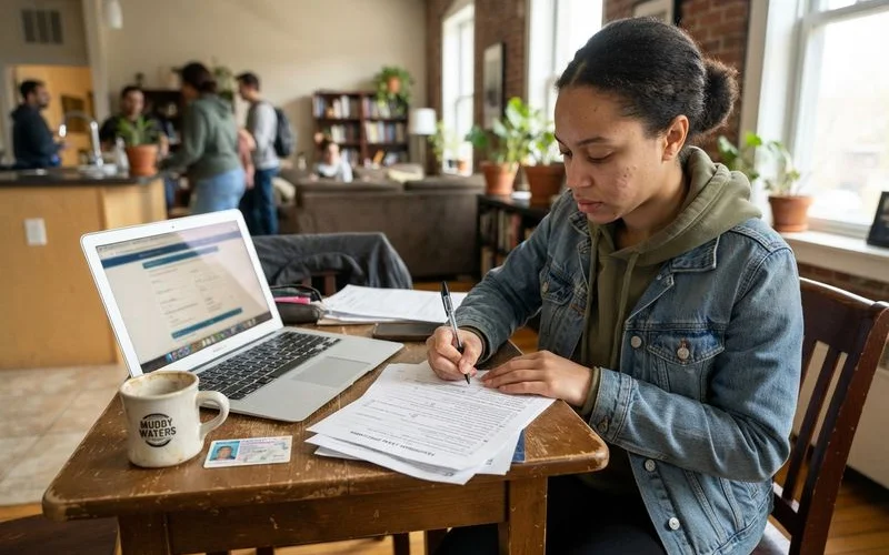 A renter filling out a rental application form alongside a folder of supporting documents on a table