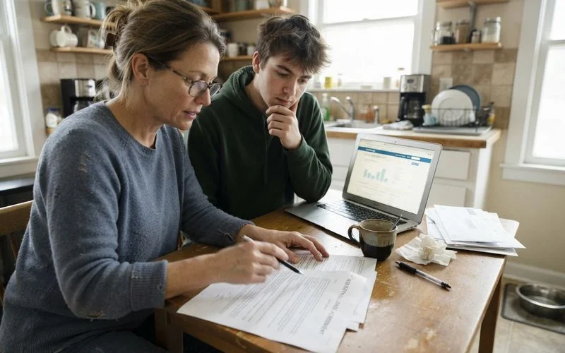 A parent and their college-age child reviewing a lease agreement together at a table before signing as a guarantor