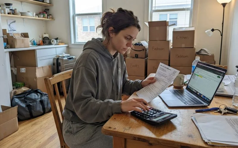 A renter reviewing a lease document and a stack of move-in cost paperwork at a kitchen table