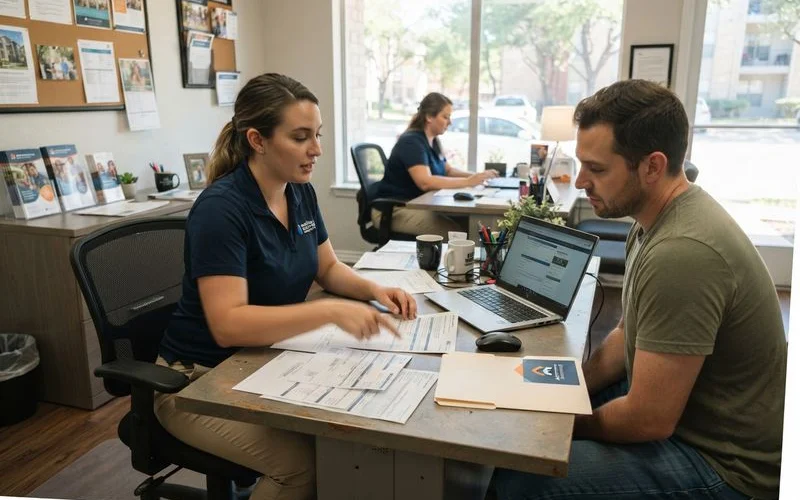 A renter reviewing income verification paperwork with a leasing office staff member at an affordable apartment community