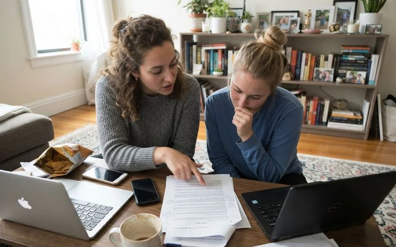 Two roommates reviewing a shared lease agreement and a separate roommate cost-sharing agreement at a table