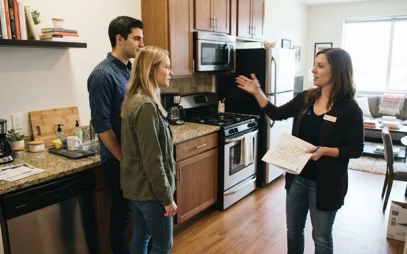 A prospective renter and a leasing agent walking through a furnished apartment unit during a scheduled tour